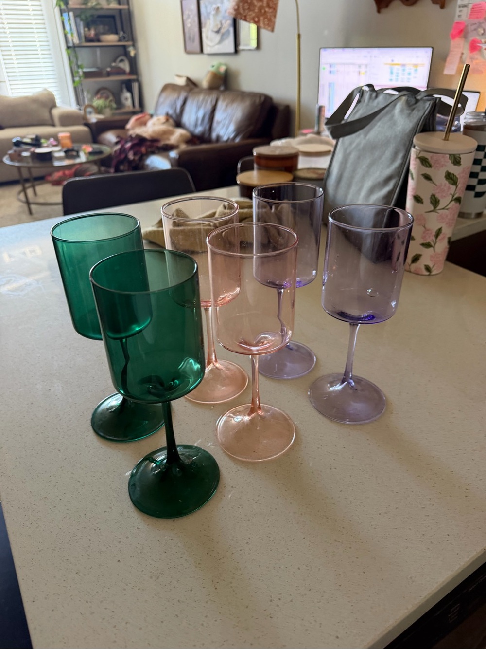 Anthropologie Colored Stemmed Glasses in Green, Pink, Lavender - Picture 5 of 6